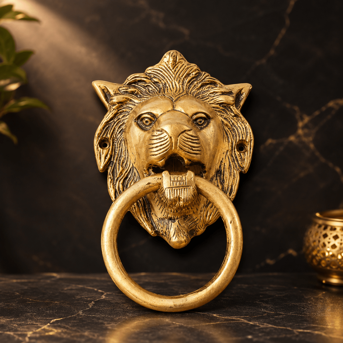 Gold Finish Lion Door Knocker Brass Narsimha - Royalstuffs.com