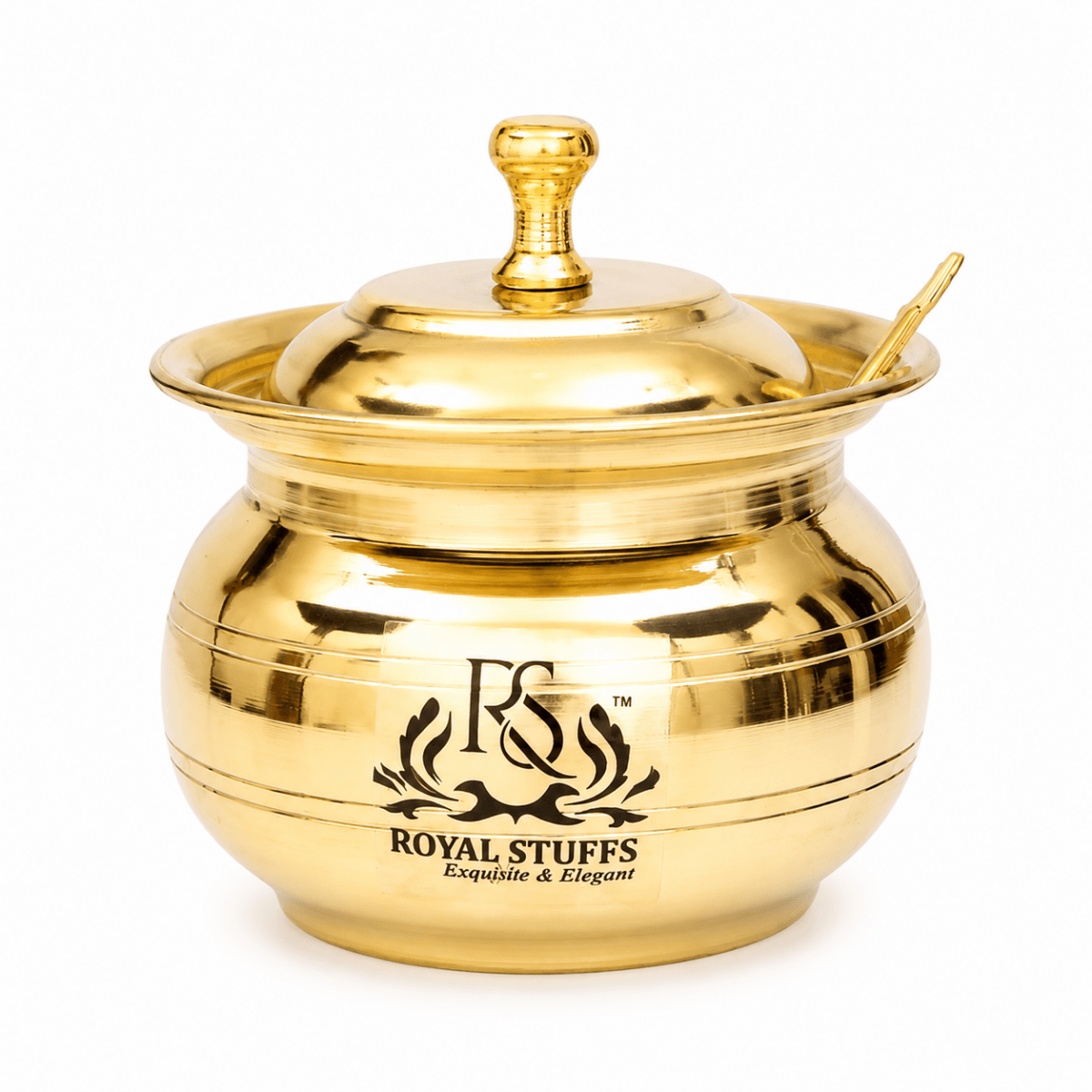 Golden Antique Brass Ghee & Oil Pot/Pickle Pot, Multipurpose Container 250 ML with Lid and Spoon - Royalstuffs.com