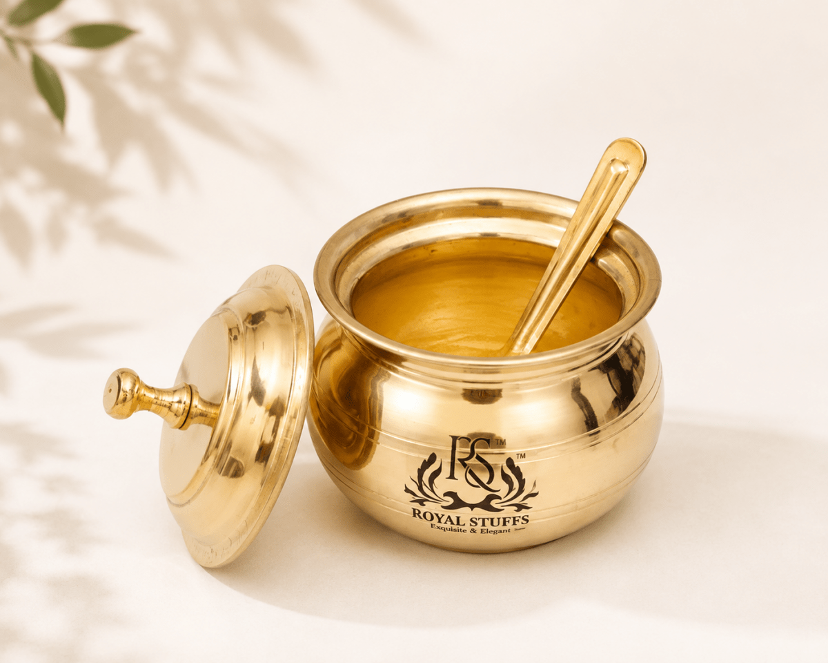 Golden Antique Brass Ghee & Oil Pot/Pickle Pot, Multipurpose Container 250 ML with Lid and Spoon - Royalstuffs.com