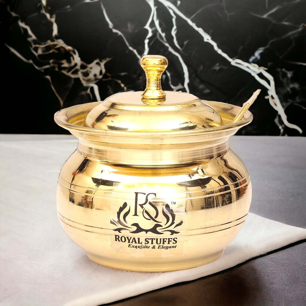 Golden Antique Brass Ghee & Oil Pot/Pickle Pot, Multipurpose Container 250 ML with Lid and Spoon - Royalstuffs.com