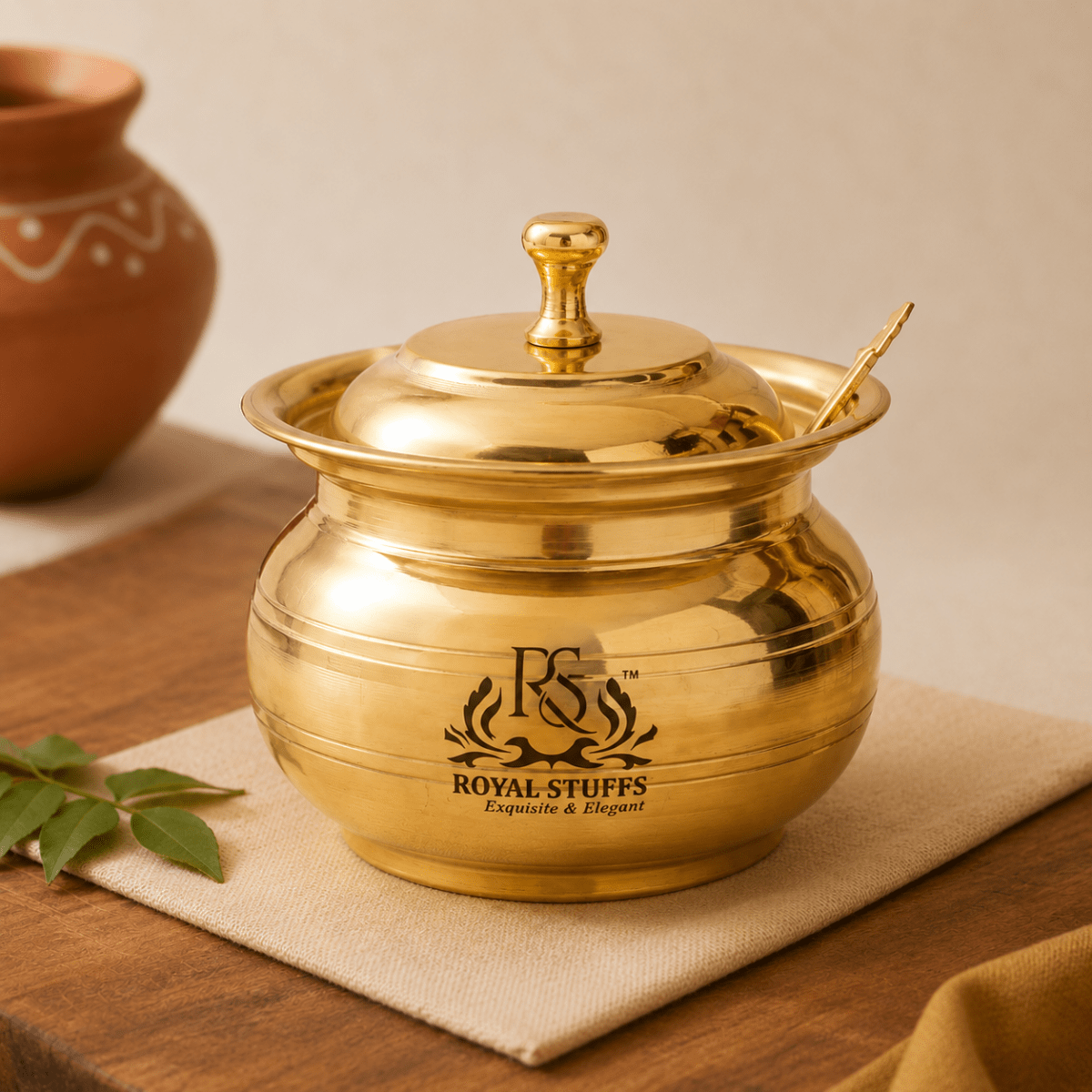 Golden Antique Brass Ghee & Oil Pot/Pickle Pot, Multipurpose Container 250 ML with Lid and Spoon - Royalstuffs.com