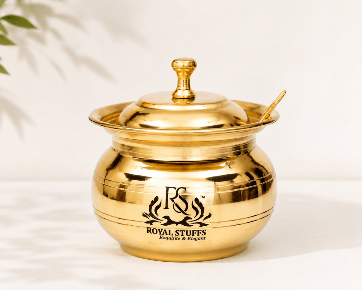 Golden Antique Brass Ghee & Oil Pot/Pickle Pot, Multipurpose Container 250 ML with Lid and Spoon - Royalstuffs.com