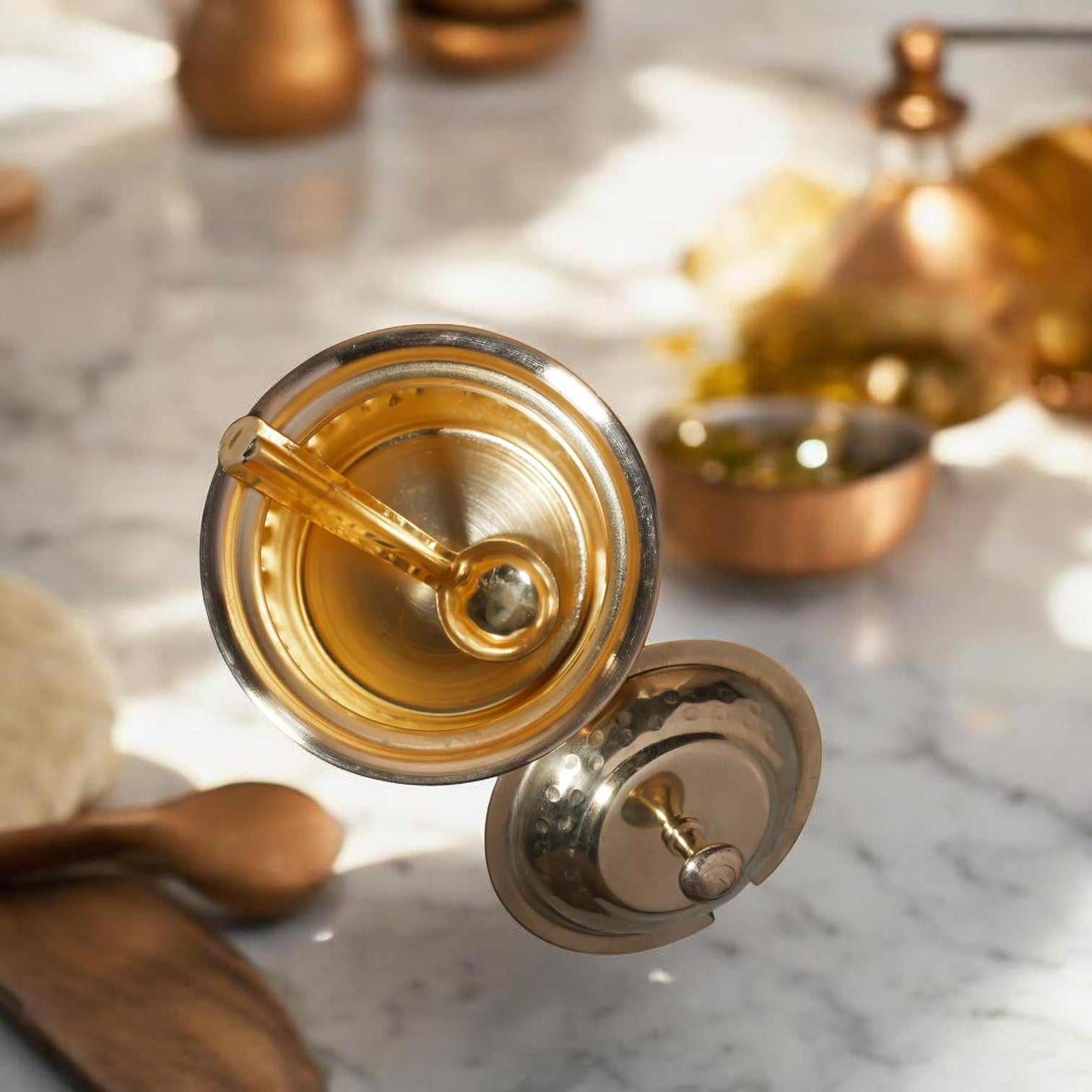 Golden Antique Hammered Brass Ghee Pot with Lid & Spoon | RoyalStuffs - Royalstuffs.com
