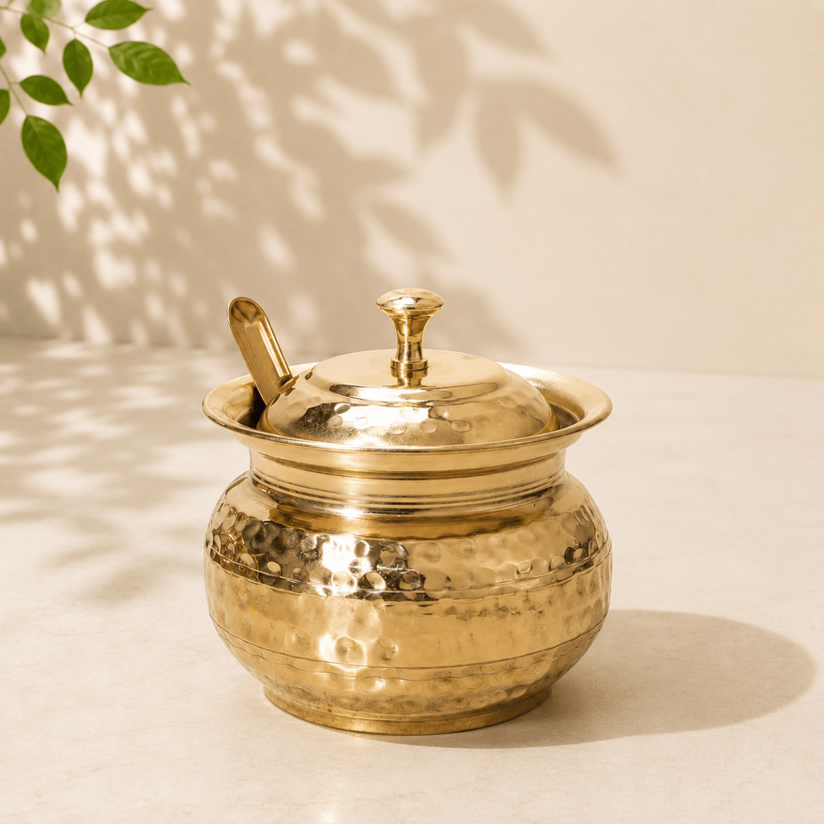 Golden Antique Hammered Brass Ghee Pot with Lid & Spoon | RoyalStuffs - Royalstuffs.com