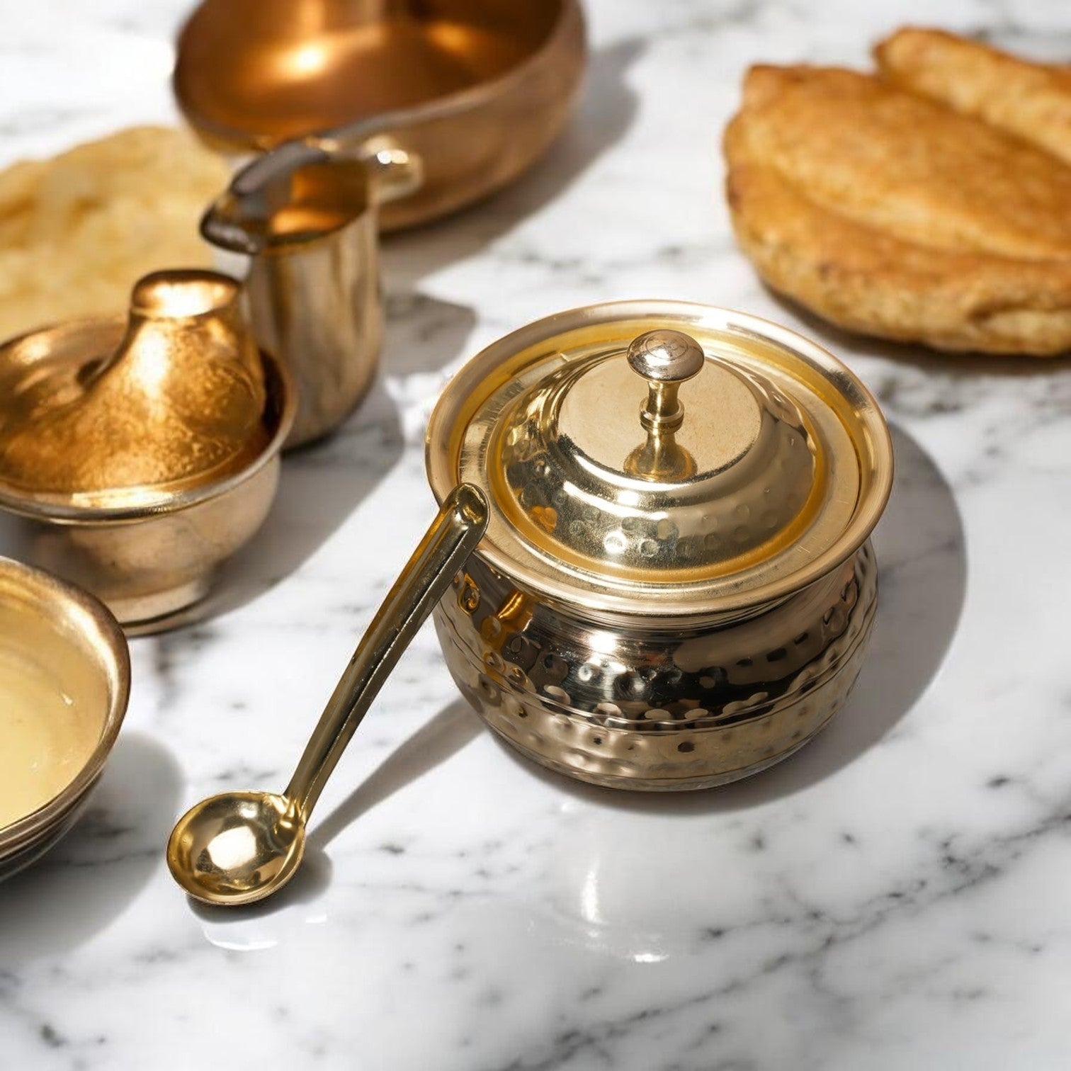 Golden Antique Hammered Brass Ghee Pot with Lid & Spoon | RoyalStuffs - Royalstuffs.com