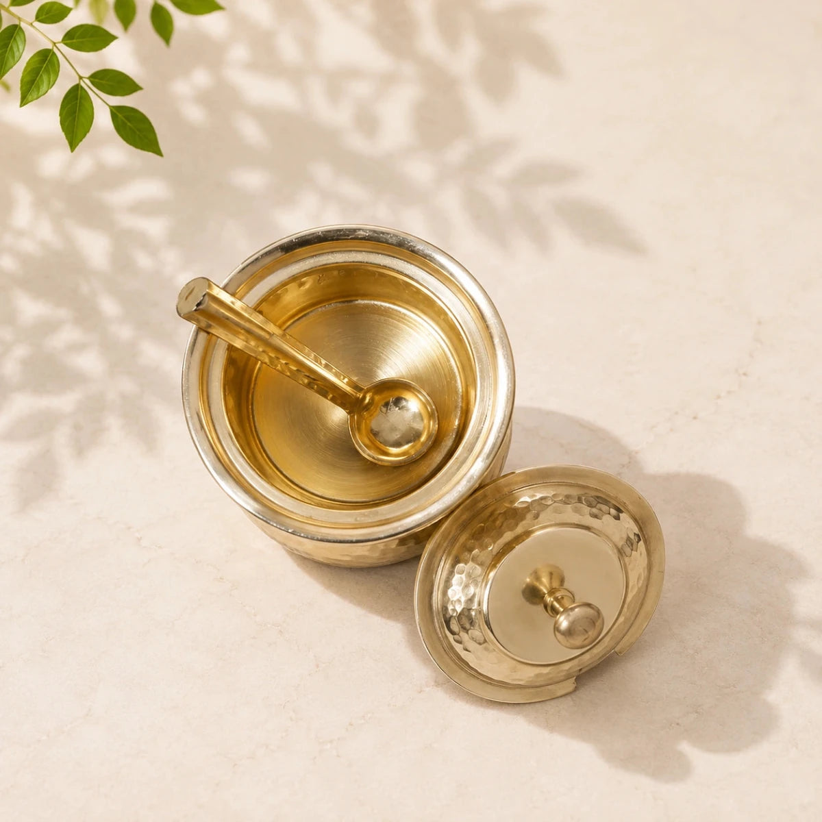 Golden Antique Hammered Brass Ghee Pot with Lid & Spoon | RoyalStuffs - Royalstuffs.com