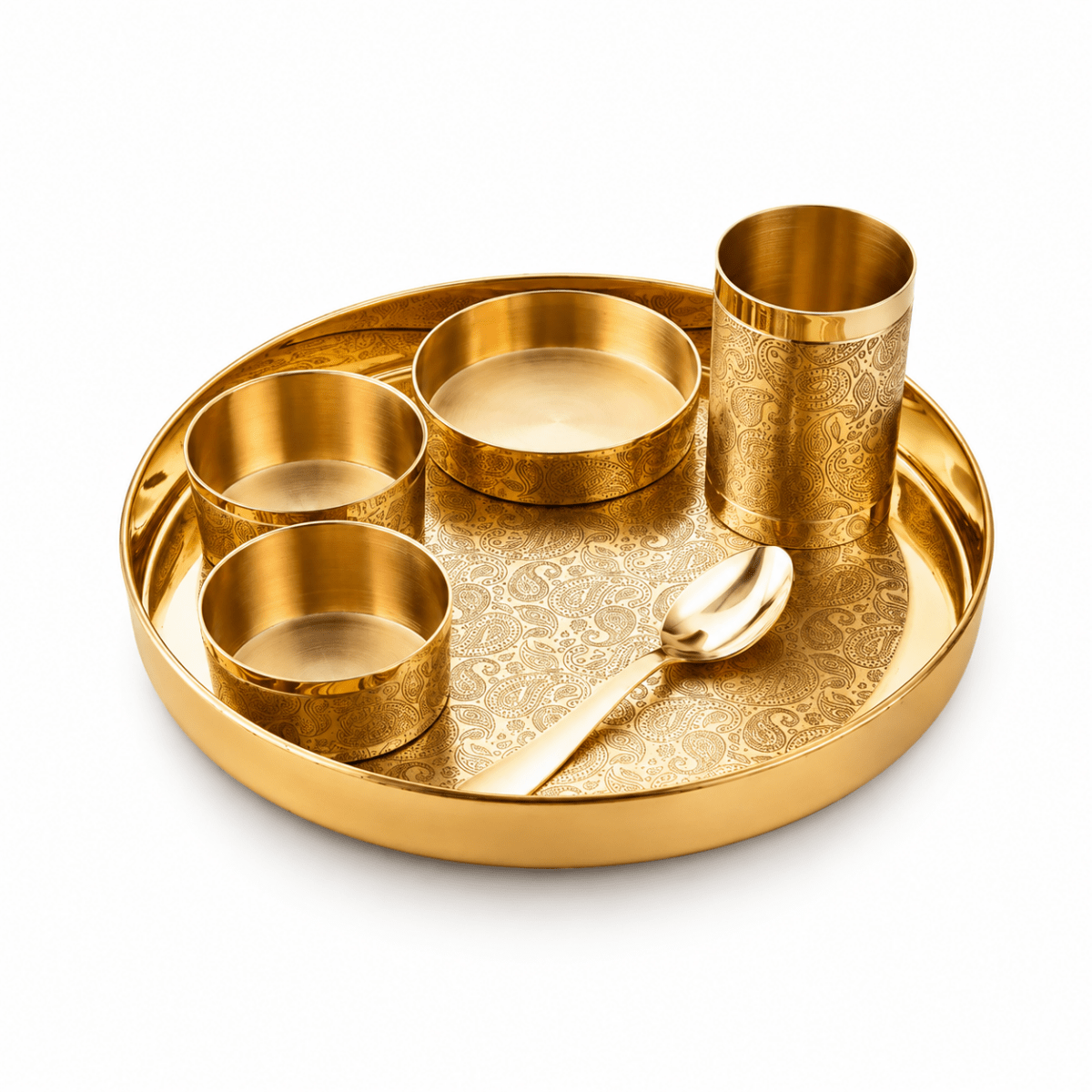 Good Luck Brass Thaali Set – Handcrafted Etched Dinnerware - Royalstuffs.com