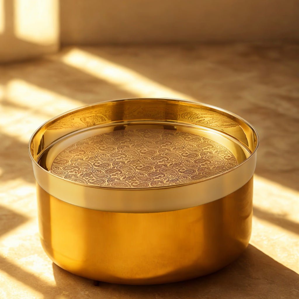Good Luck Brass Thaali Set – Handcrafted Etched Dinnerware - Royalstuffs.com
