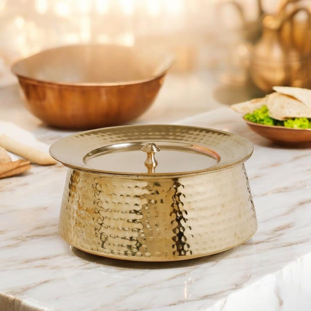 Hammered Brass Biryani Pot (Handi) with Tin Coating & Lid – Traditional Heavy Brass Cooking Vessel | 3 Sizes | RoyalStuffs - Royalstuffs.com