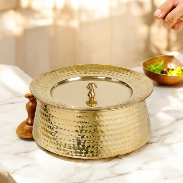 Hammered Brass Biryani Pot (Handi) with Tin Coating & Lid – Traditional Heavy Brass Cooking Vessel | 3 Sizes | RoyalStuffs - Royalstuffs.com