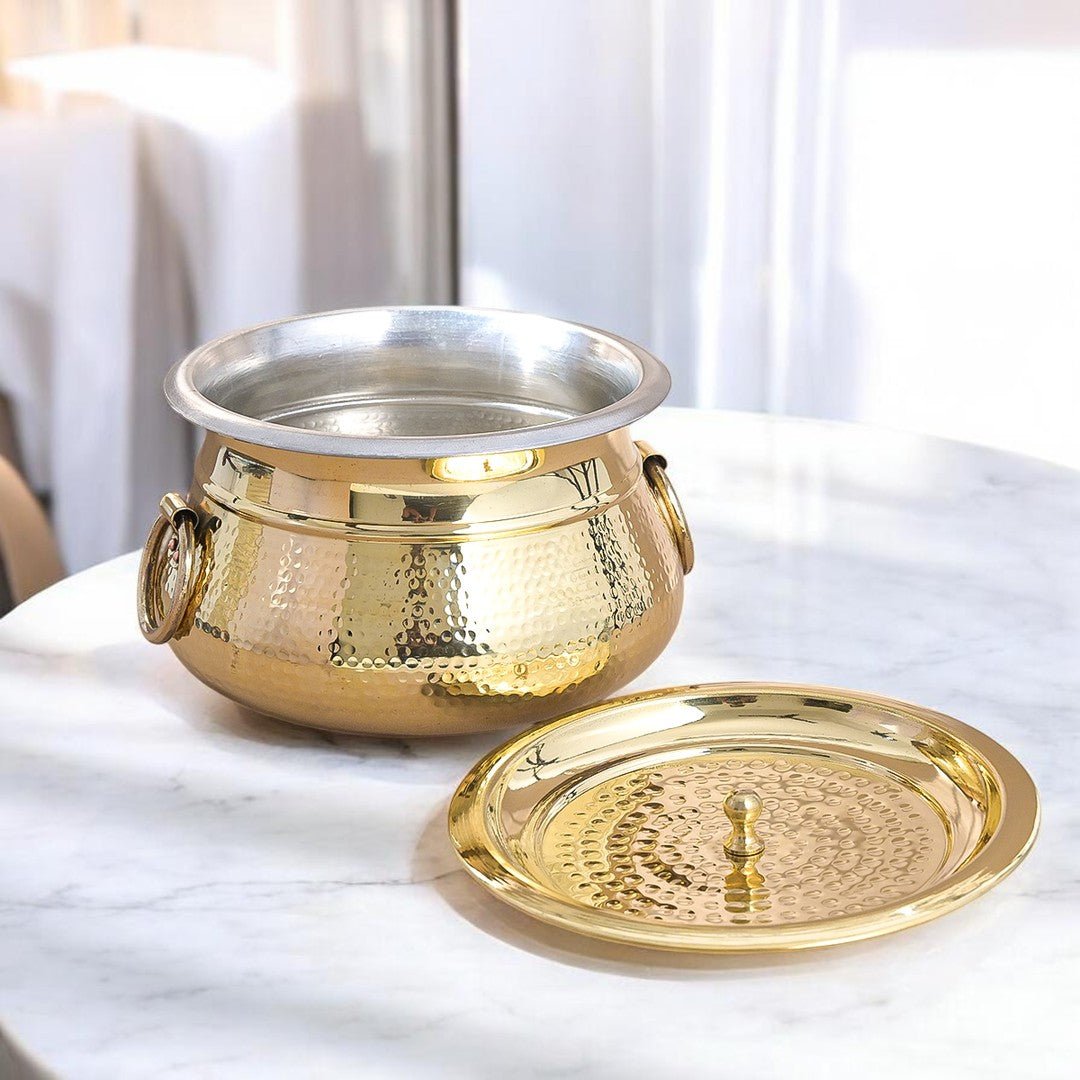 Hammered Brass Degchi Pot with Lid & Tin (Kalai) Coating – Traditional Heavy Brass Cooking Vessel | 3 Sizes | RoyalStuffs - Royalstuffs.com