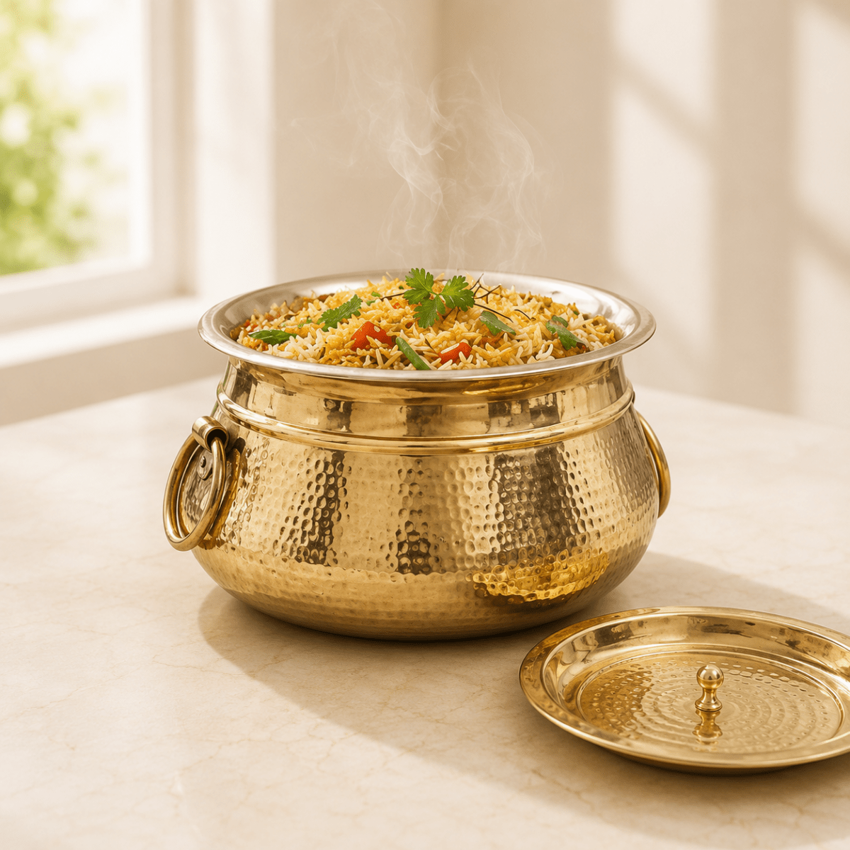 Hammered Brass Degchi Pot with Lid & Tin (Kalai) Coating – Traditional Heavy Brass Cooking Vessel | 3 Sizes | RoyalStuffs - Royalstuffs.com