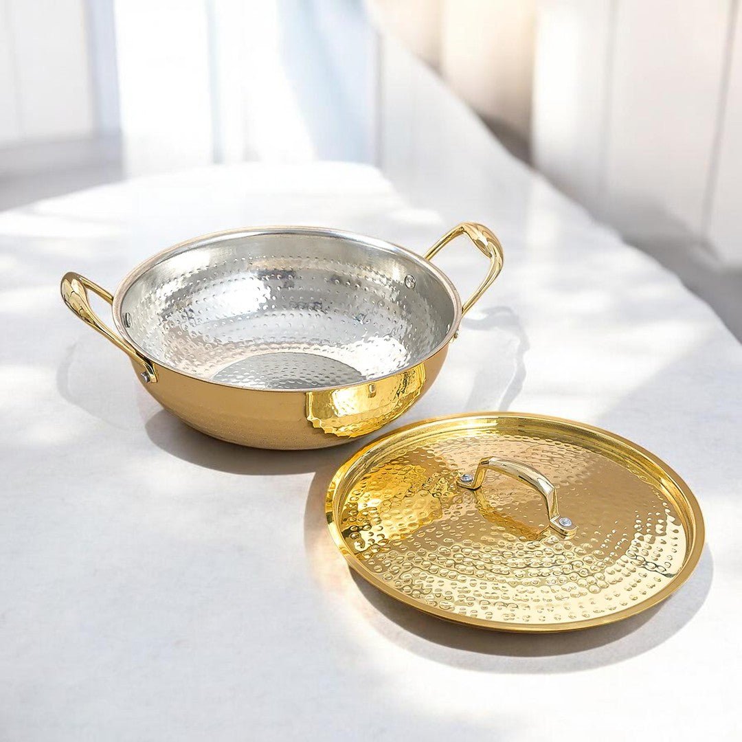 Hammered Brass Kadhai with Lid & Tin (Kalai) Coating – Traditional Heavy Brass Cooking & Serving Kadhai | 3 Sizes | RoyalStuffs - Royalstuffs.com