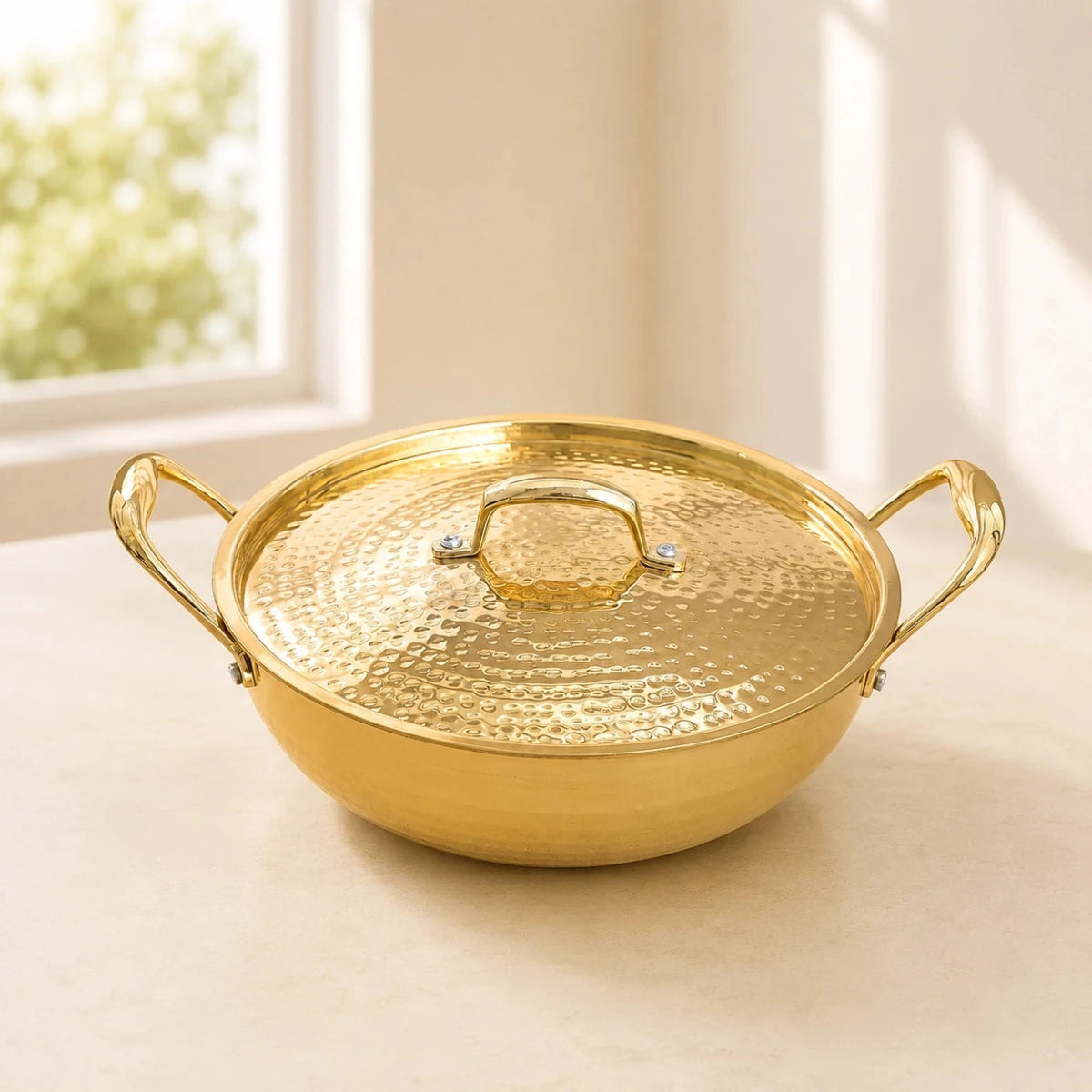 Hammered Brass Kadhai with Lid & Tin (Kalai) Coating – Traditional Heavy Brass Cooking & Serving Kadhai | 3 Sizes | RoyalStuffs - Royalstuffs.com