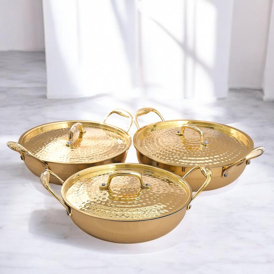 Hammered Brass Kadhai with Lid & Tin (Kalai) Coating – Traditional Heavy Brass Cooking & Serving Kadhai | 3 Sizes | RoyalStuffs - Royalstuffs.com