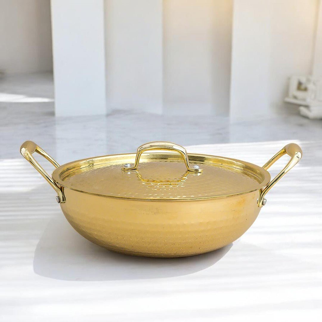 Hammered Brass Kadhai with Lid & Tin (Kalai) Coating – Traditional Heavy Brass Cooking & Serving Kadhai | 3 Sizes | RoyalStuffs - Royalstuffs.com