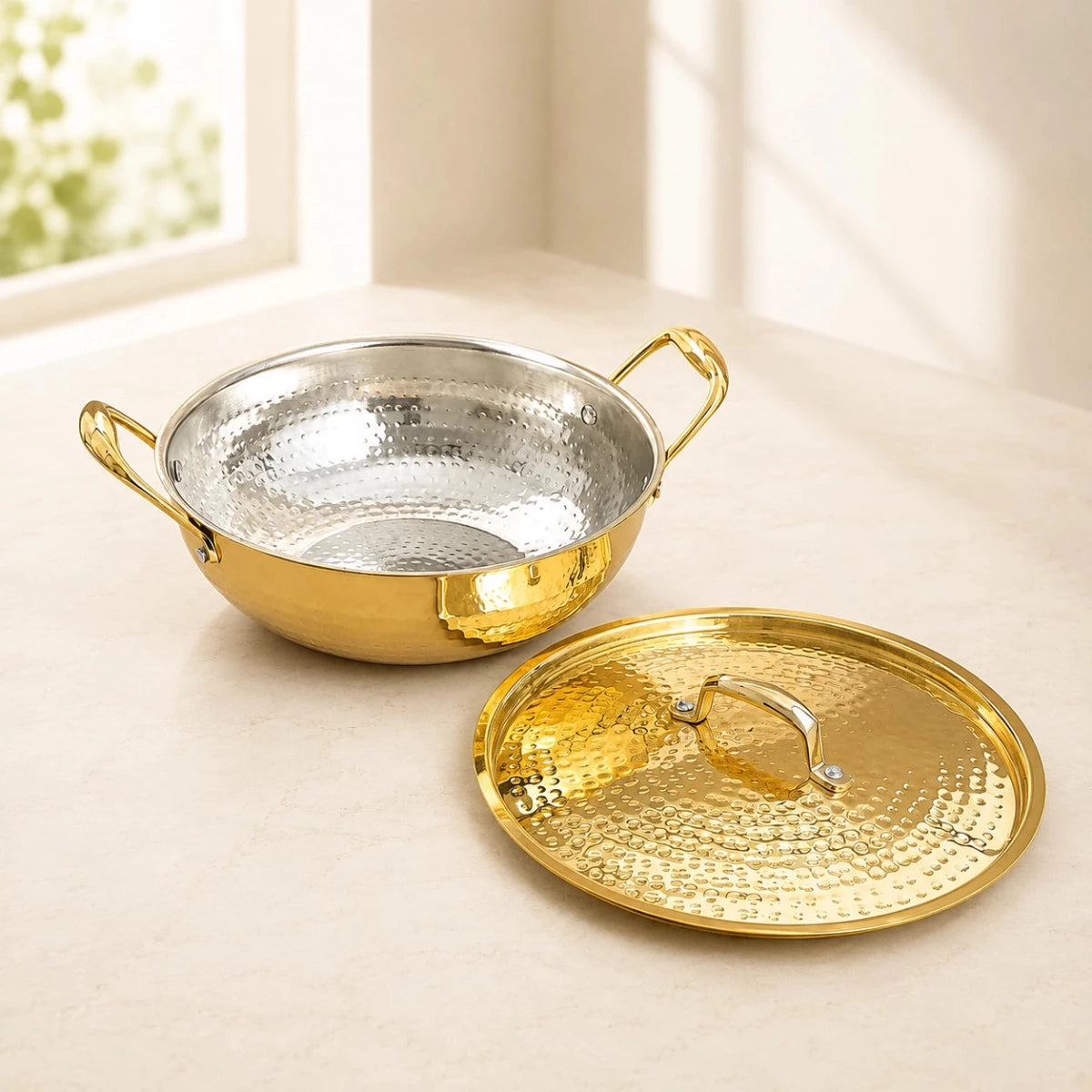 Hammered Brass Kadhai with Lid & Tin (Kalai) Coating – Traditional Heavy Brass Cooking & Serving Kadhai | 3 Sizes | RoyalStuffs - Royalstuffs.com