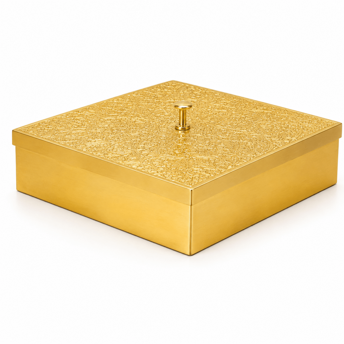 Hammered Brass Masaladani Square Shape with Tin (Kalai) Coating – Premium Spice Box with Lid & Spoon | Medium | RoyalStuffs - Royalstuffs.com
