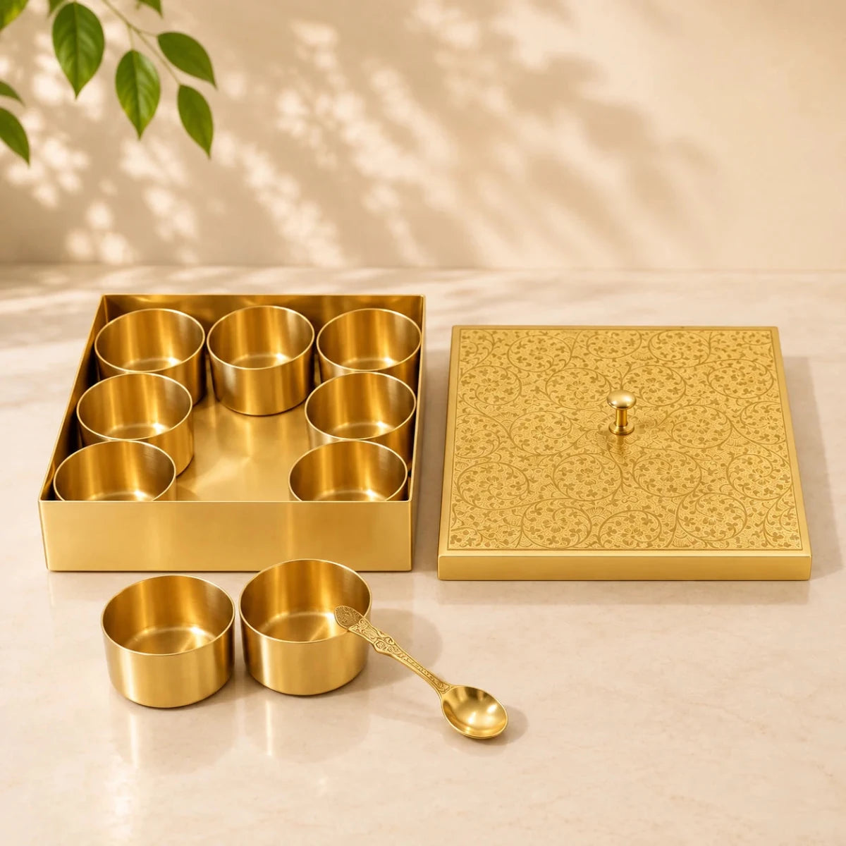 Hammered Brass Masaladani Square Shape with Tin (Kalai) Coating – Premium Spice Box with Lid & Spoon | Medium | RoyalStuffs - Royalstuffs.com