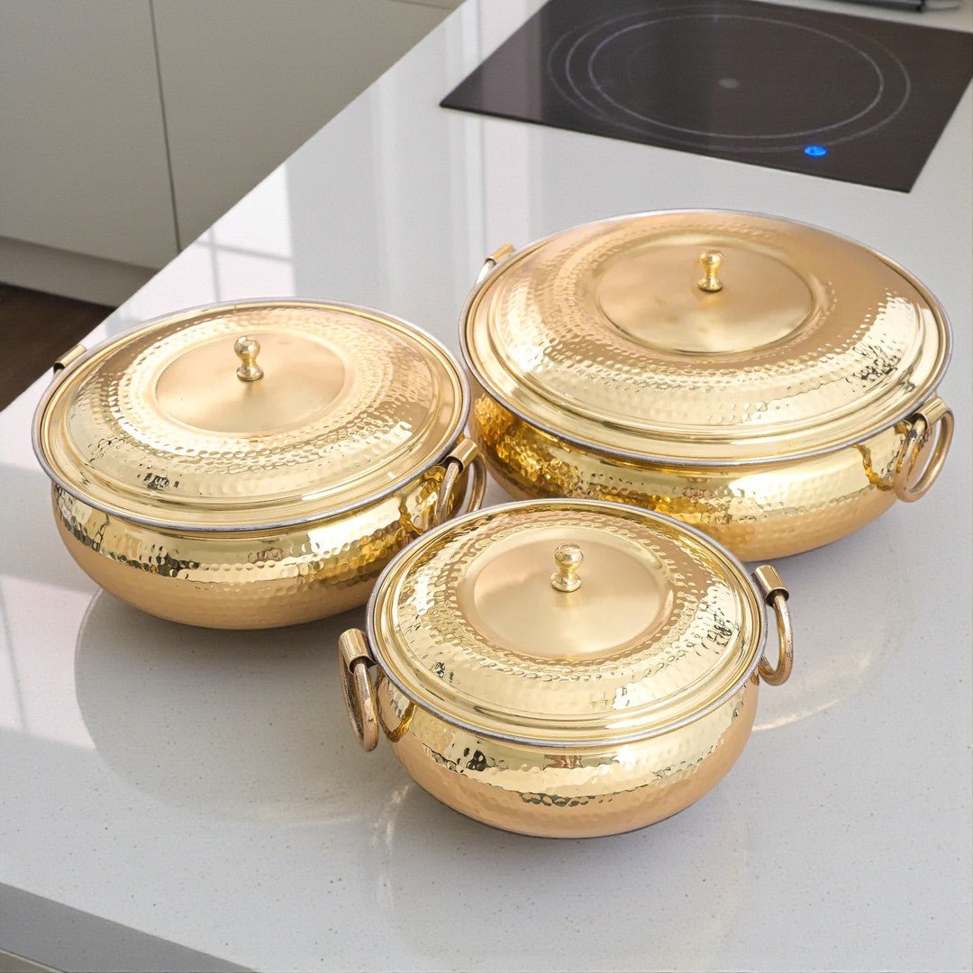Hammered Mughlai Style Brass Handi with Lid & Tin (Kalai) Coating – Traditional Heavy Brass Cooking Pot | 3 Sizes | RoyalStuffs - Royalstuffs.com
