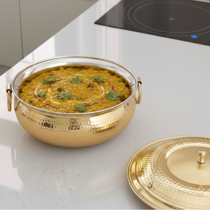 Hammered Mughlai Style Brass Handi with Lid & Tin (Kalai) Coating – Traditional Heavy Brass Cooking Pot | 3 Sizes | RoyalStuffs - Royalstuffs.com