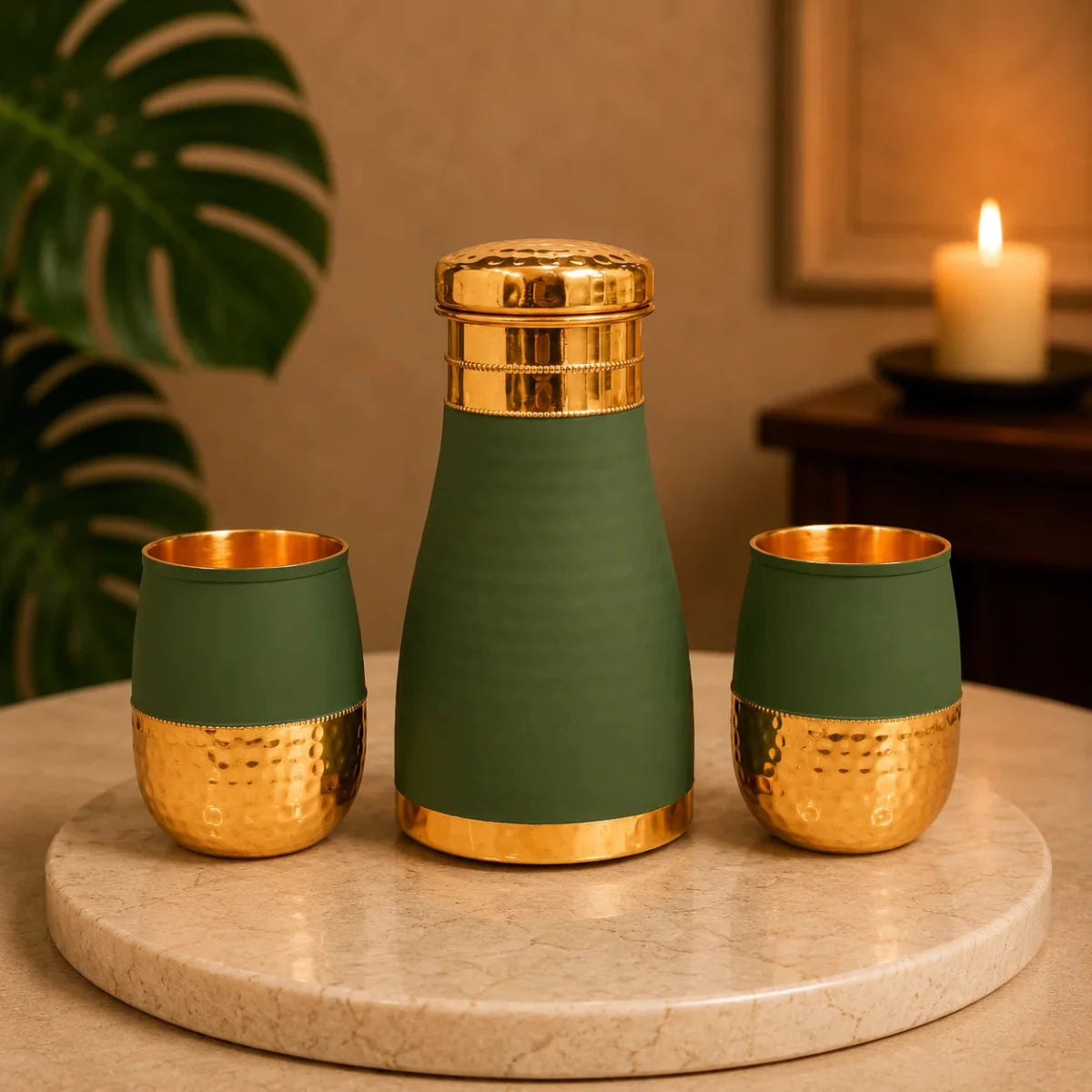 Hammered Velvet Touch Copper Bedside Carafe - 1 Liter with Two Copper Velvet Touch Glass Set - Royalstuffs.com