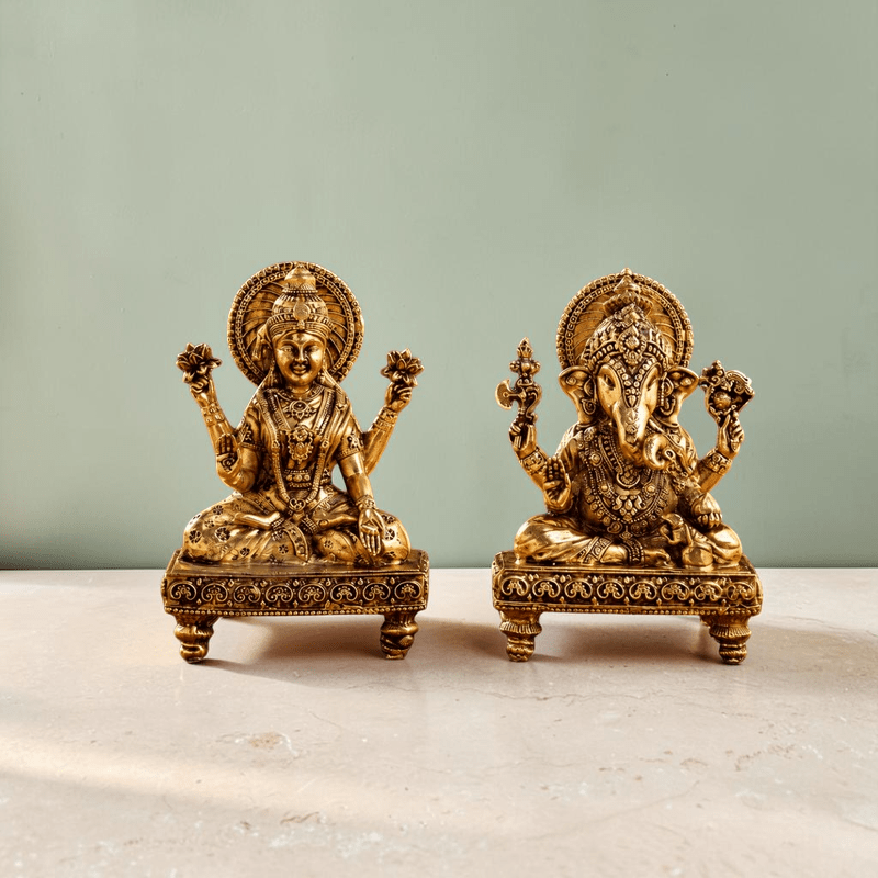 Handcrafted Brass Chowki Ganesha & Lakshmi Idol Set (4 Inch) | RoyalStuffs - Royalstuffs.com