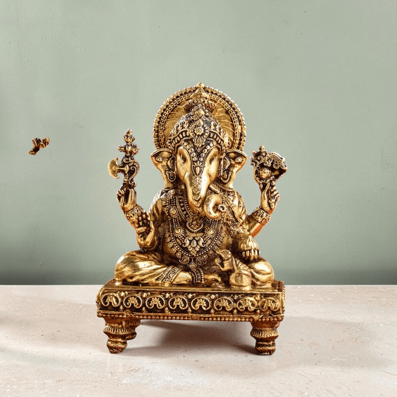 Handcrafted Brass Chowki Ganesha & Lakshmi Idol Set (4 Inch) | RoyalStuffs - Royalstuffs.com