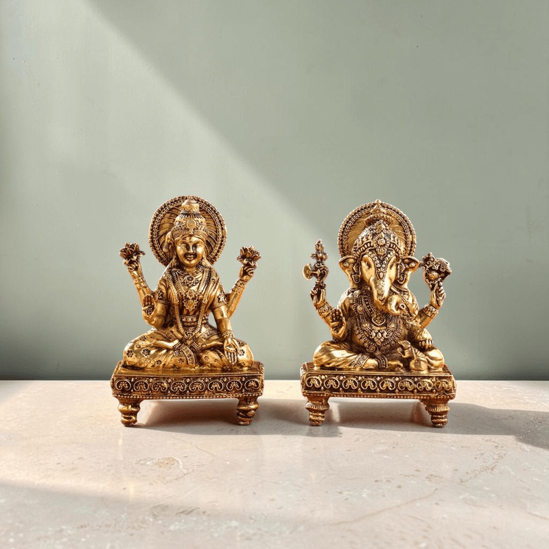 Handcrafted Brass Chowki Ganesha & Lakshmi Idol Set (4 Inch) | RoyalStuffs - Royalstuffs.com