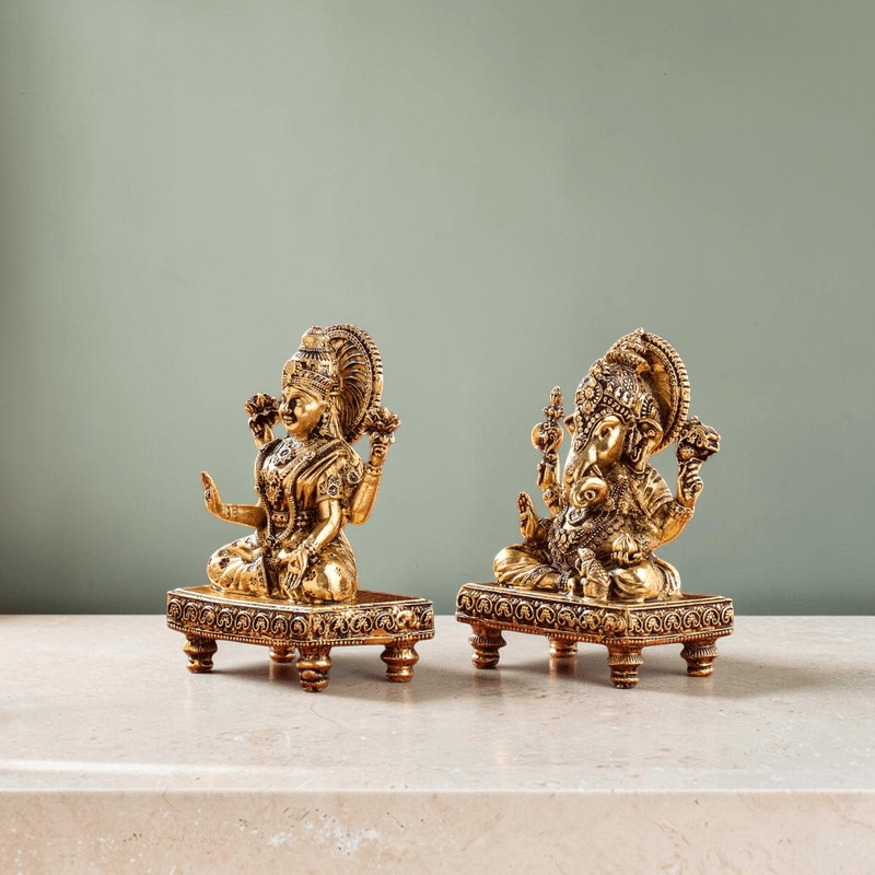 Handcrafted Brass Chowki Ganesha & Lakshmi Idol Set (4 Inch) | RoyalStuffs - Royalstuffs.com