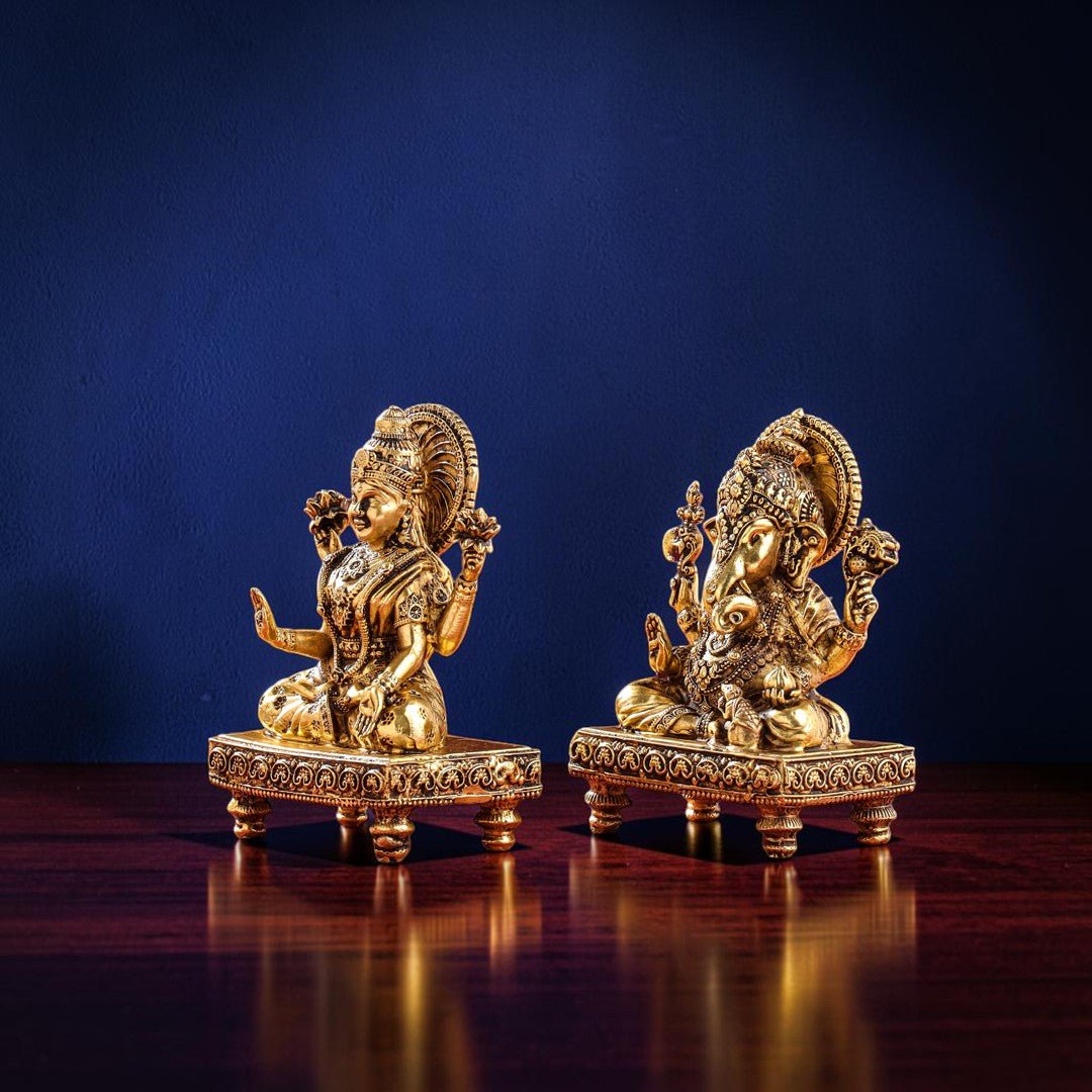 Handcrafted Brass Chowki Ganesha & Lakshmi Idol Set (4 Inch) | RoyalStuffs - Royalstuffs.com