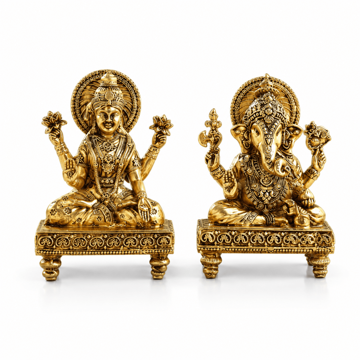 Handcrafted Brass Chowki Ganesha & Lakshmi Idol Set (4 Inch) | RoyalStuffs - Royalstuffs.com