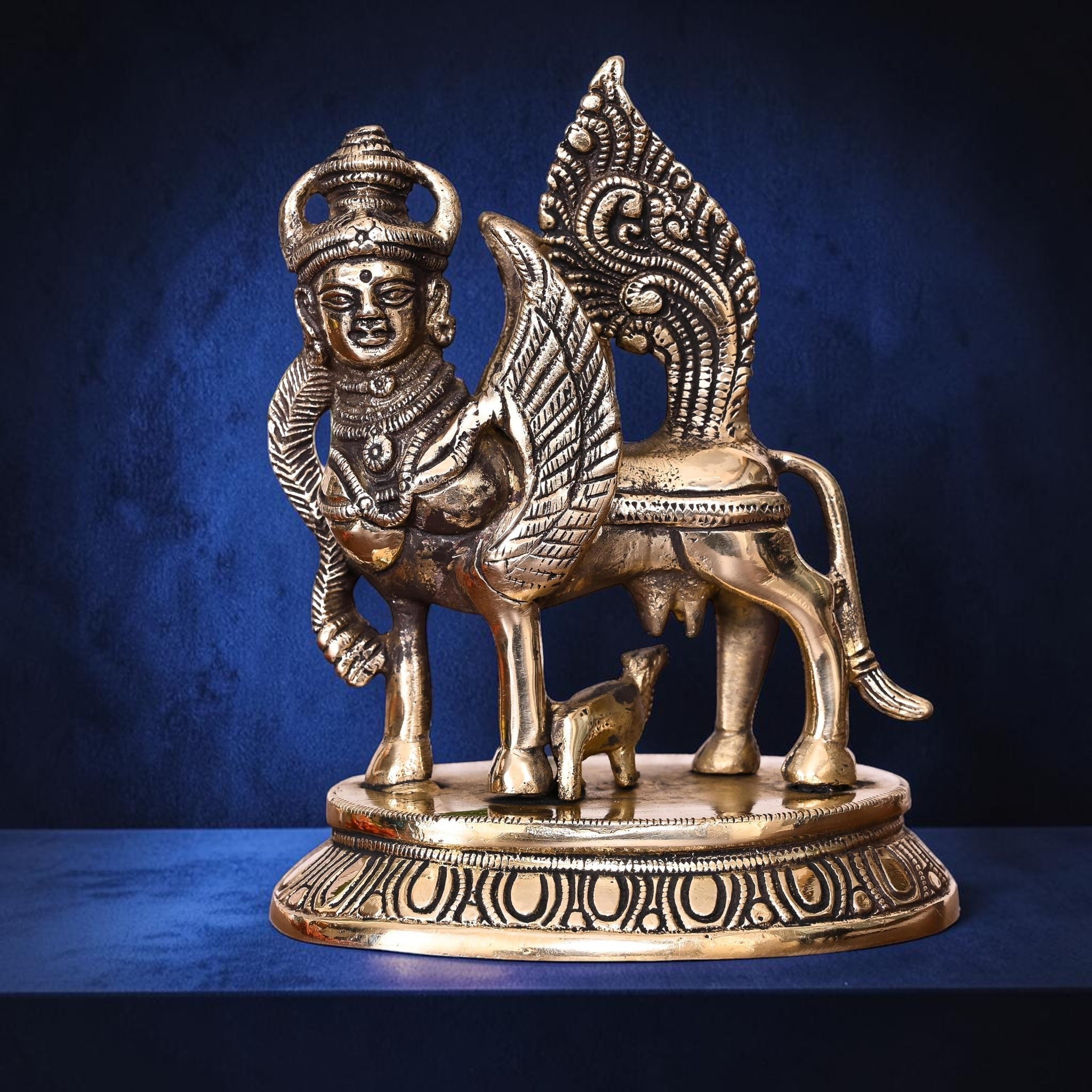 Handcrafted Brass Divine Kamdhenu Cow with Calf Idol (6 Inch) | RoyalStuffs - Royalstuffs.com