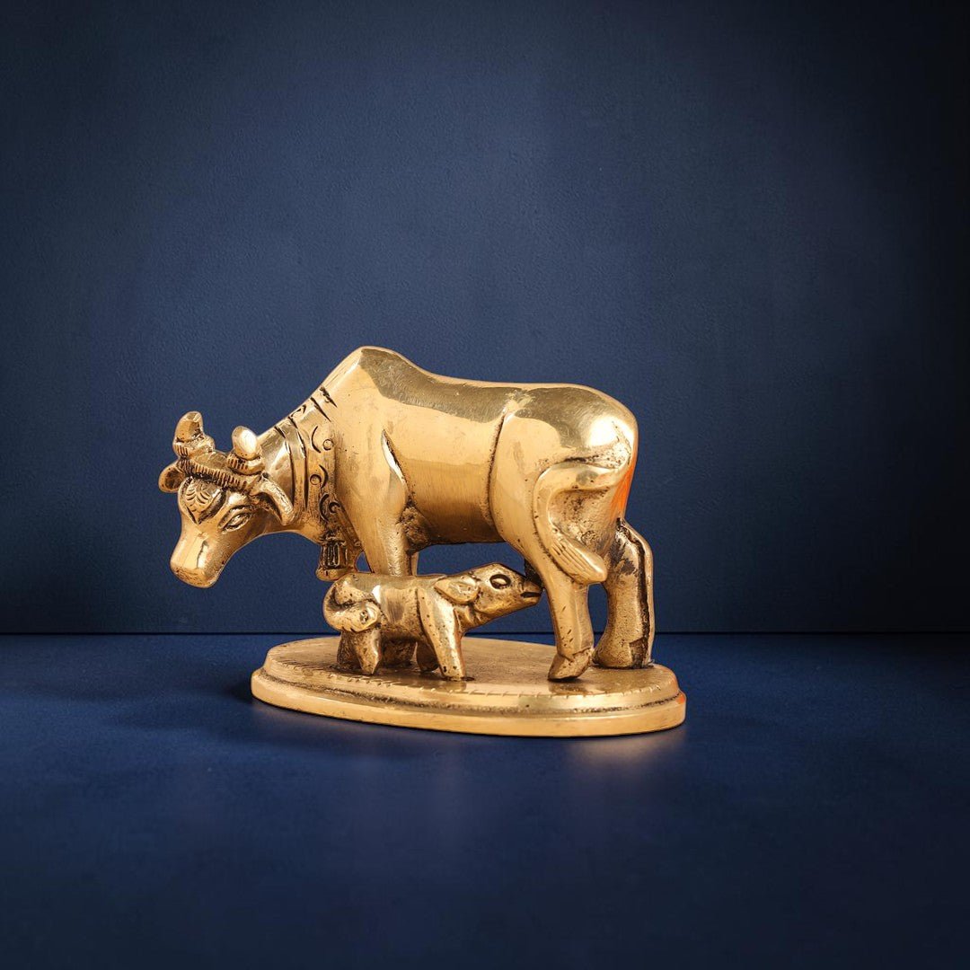 Handcrafted Brass Kamdhenu Cow with Calf Idol (2.5 Inch) | RoyalStuffs - Royalstuffs.com