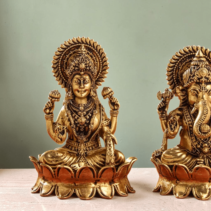 Handcrafted Brass Lotus Ganesha & Lakshmi Idols (4 Inch) | RoyalStuffs - Royalstuffs.com