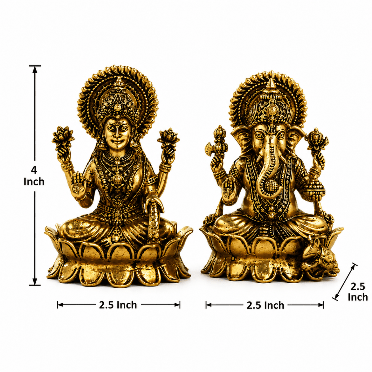 Handcrafted Brass Lotus Ganesha & Lakshmi Idols (4 Inch) | RoyalStuffs - Royalstuffs.com