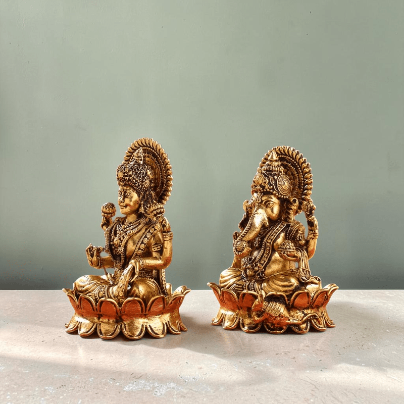 Handcrafted Brass Lotus Ganesha & Lakshmi Idols (4 Inch) | RoyalStuffs - Royalstuffs.com