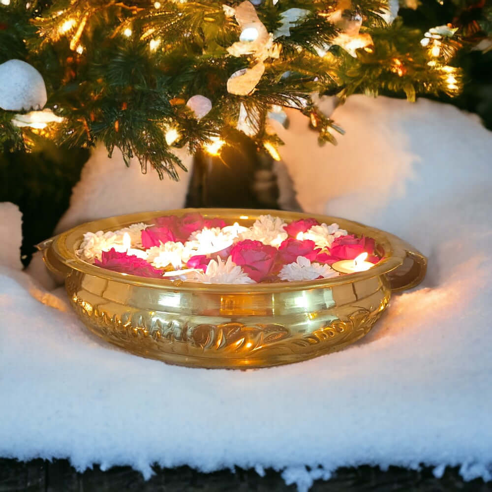 Handcrafted Brass Urli Pot In All Over Floral Design - Size Height- 4.5 x Width -12 inch - Royalstuffs.com