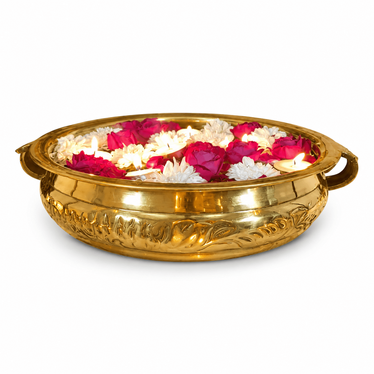 Handcrafted Brass Urli Pot In All Over Floral Design - Size Height- 4.5 x Width -12 inch - Royalstuffs.com