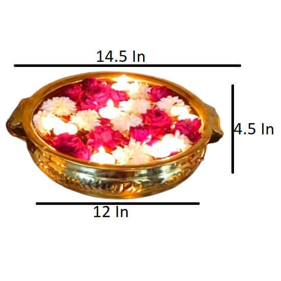 Handcrafted Brass Urli Pot In All Over Floral Design - Size Height- 4.5 x Width -12 inch - Royalstuffs.com
