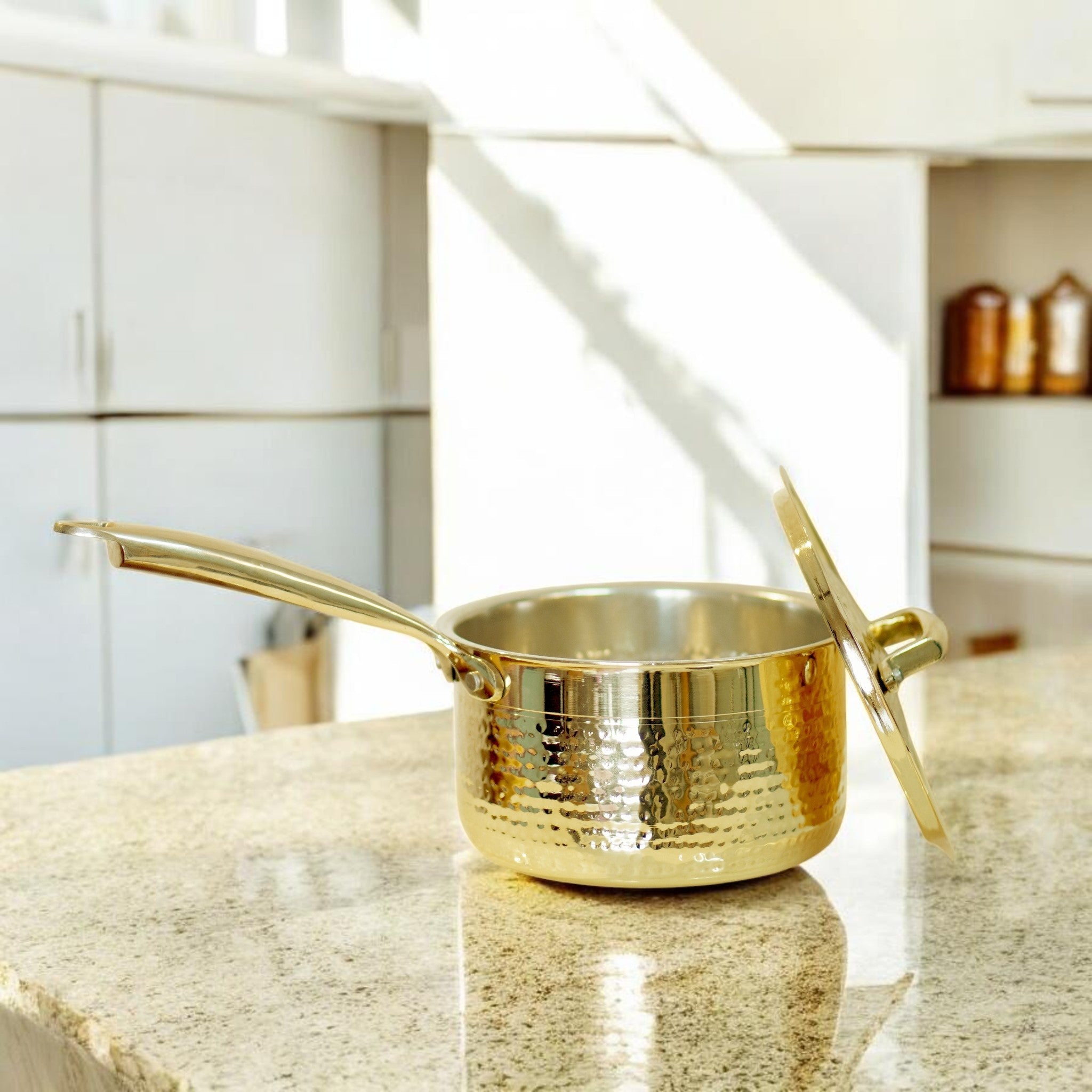 Handcrafted Hammered Brass Sauce Pan with Lid & Broad Handle | RoyalStuffs - Royalstuffs.com