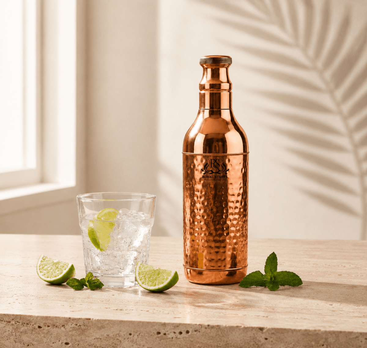 Handcrafted Hammered Copper Water Bottle 1200 ML | Leak Proof Champagne Shape Design - Royalstuffs.com