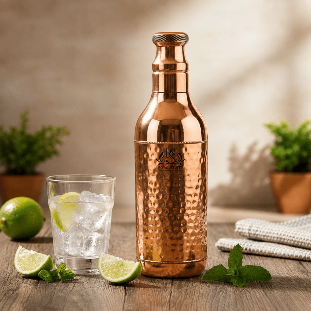 Handcrafted Hammered Copper Water Bottle 1200 ML | Leak Proof Champagne Shape Design - Royalstuffs.com