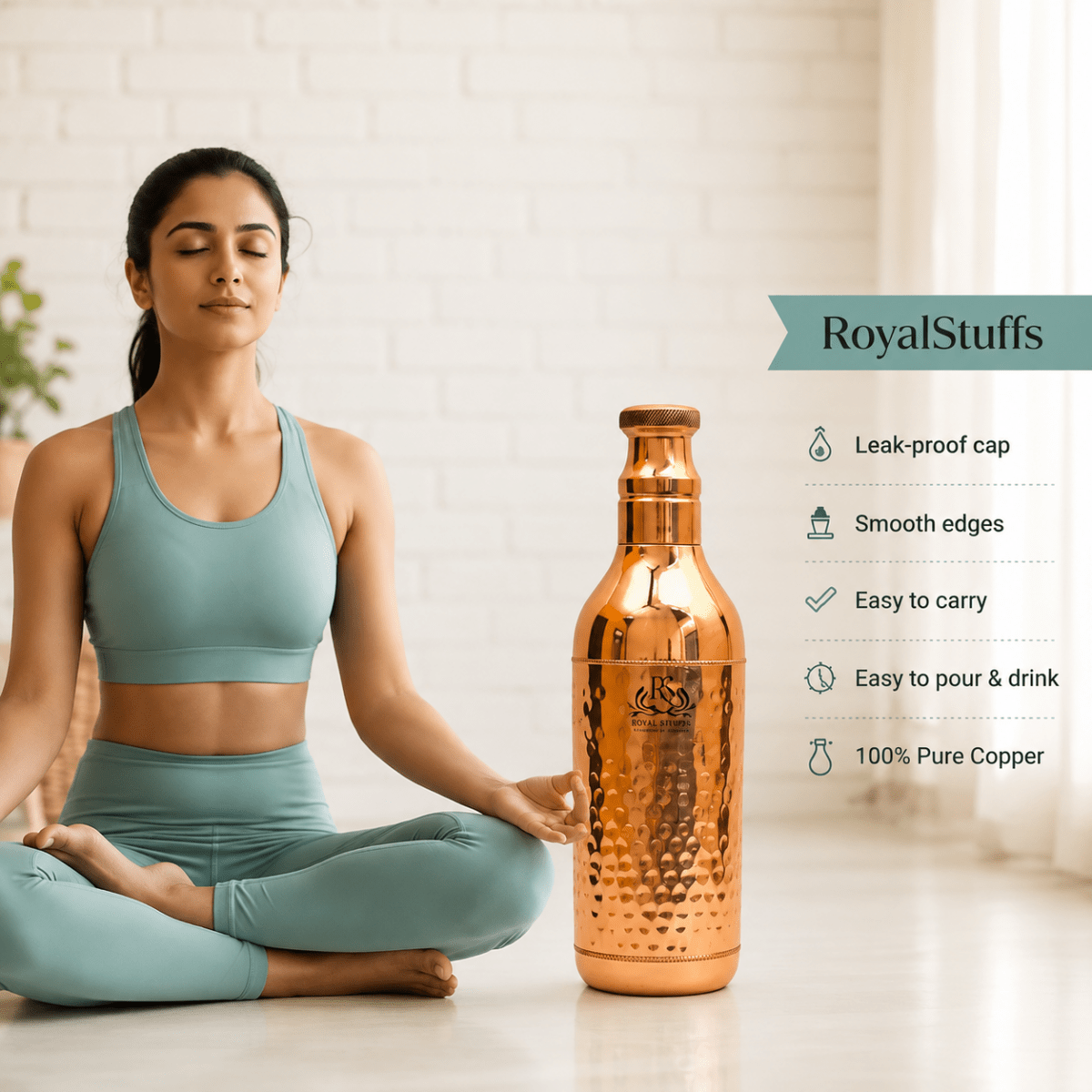 Handcrafted Hammered Copper Water Bottle 1200 ML | Leak Proof Champagne Shape Design - Royalstuffs.com