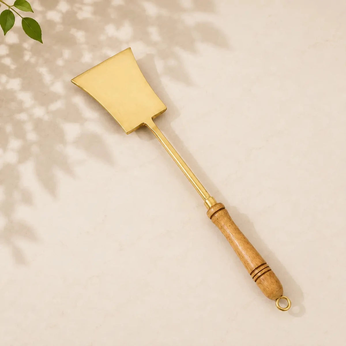 Handcrafted Pure Brass Tavetha / Spatula Turner with Wooden Handle | For Dosa, Roti & Chapati | 14.5" Length - Royalstuffs.com