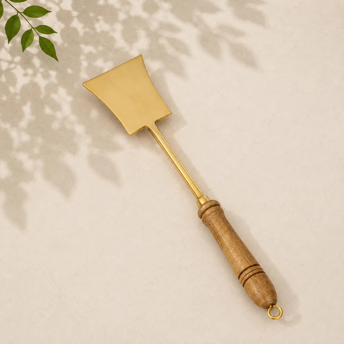Handcrafted Pure Brass Tavetha / Spatula Turner with Wooden Handle | For Dosa, Roti & Chapati | 14.5" Length - Royalstuffs.com