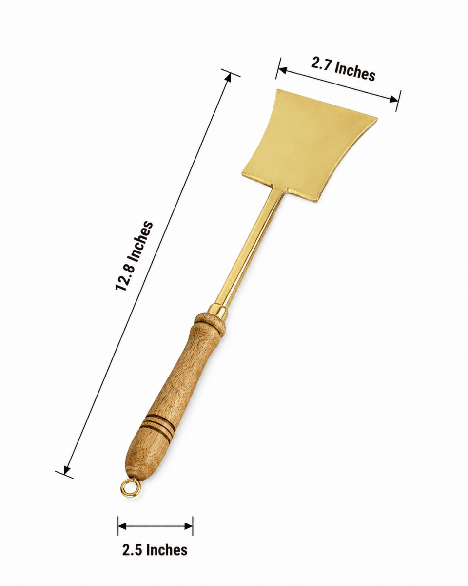 Handcrafted Pure Brass Tavetha / Spatula Turner with Wooden Handle | For Dosa, Roti & Chapati | 14.5" Length - Royalstuffs.com