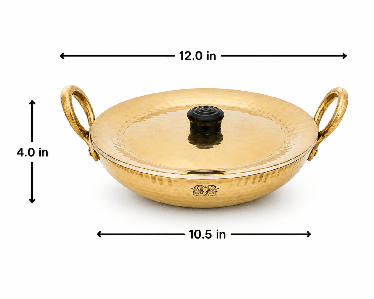 Handmade Brass Kadhai with Tin Coating & Lid | Heavy Bottom Traditional Cookware - Royalstuffs.com