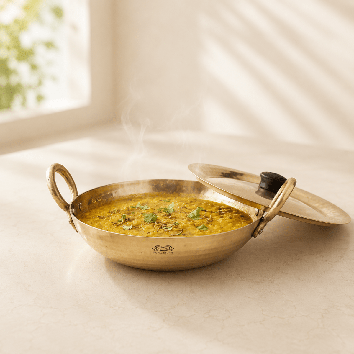 Handmade Brass Kadhai with Tin Coating & Lid | Heavy Bottom Traditional Cookware - Royalstuffs.com