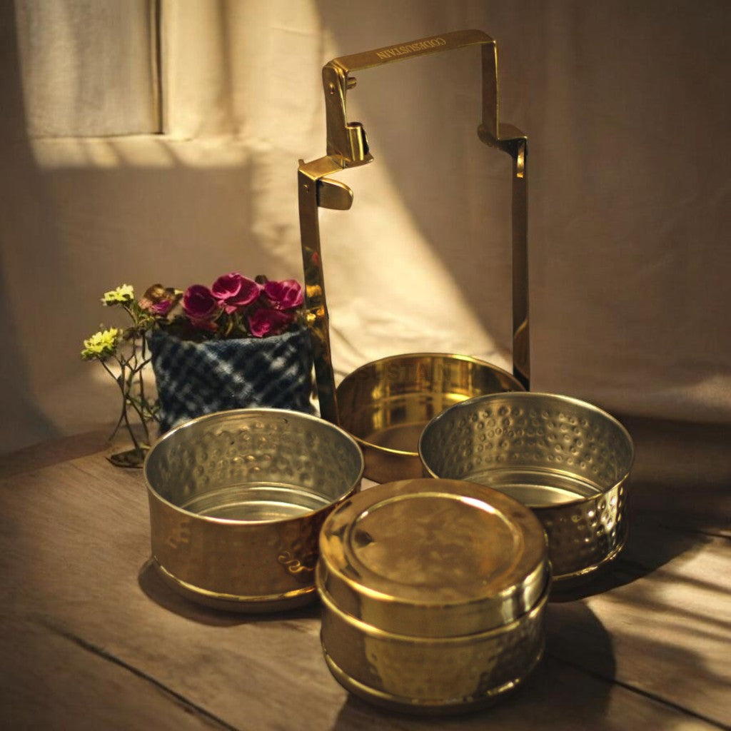 Handmade Hammered Brass 3-Tier Lunch Box (Traditional Tiffin Carrier)